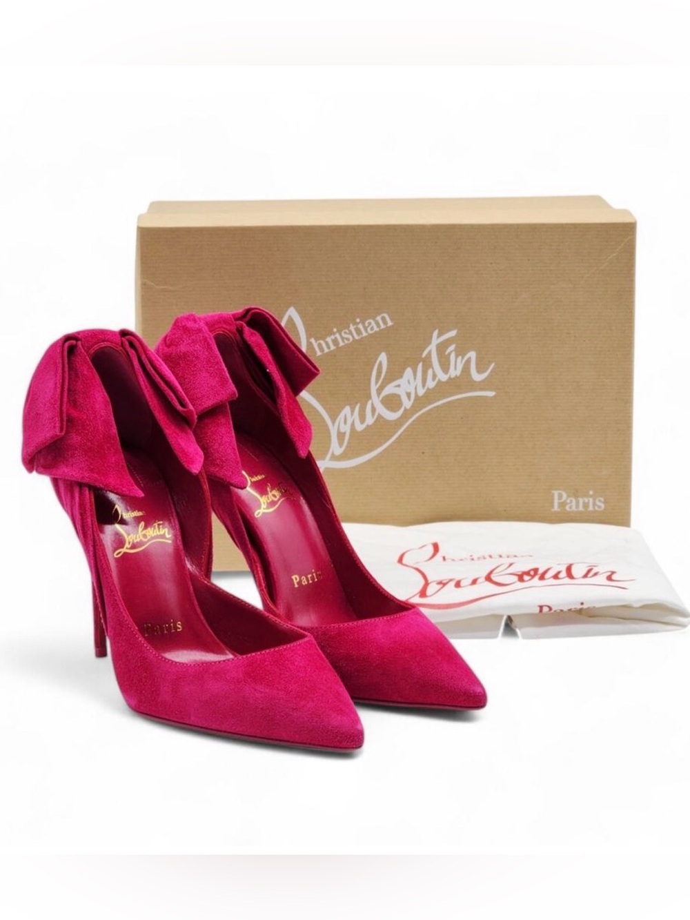 RARE! Christian Louboutin Rabakate Hot Pink Suede Bow Pumps 100mm 38.5 NIB NWT